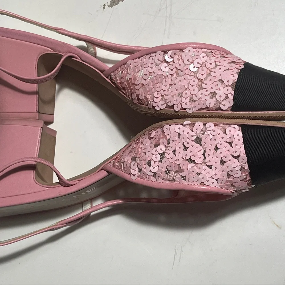 CHANEL Pink Sequin and Black Heels